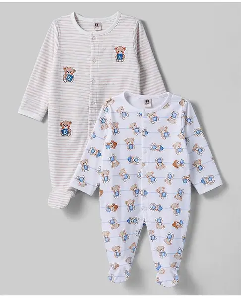 ToffyHouse Knitted Full Sleeves Striped Footed Nightsuit With Teddy Print Pack of 2 - MUlticolor