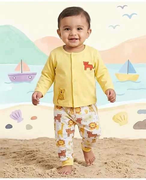 ToffyHouse Knitted Woven Full Sleeves T-Shirt & Pant Set With Animal Print & Embroidery - Lemon Yellow