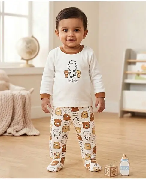 ToffyHouse Knitted Woven Full Sleeves T-Shirt & Footed Pant Set With Cow Print - White