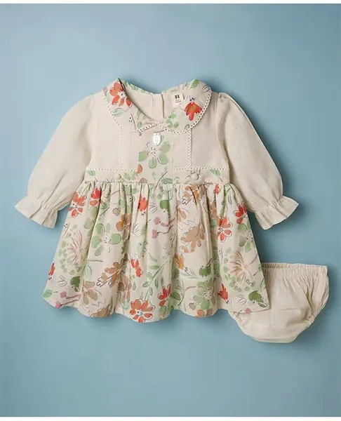 ToffyHouse Cotton Knit Full Sleeves Peter Pan Collared Frock & Bloomer With Floral Print - Multicolor