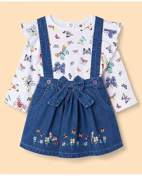 ToffyHouse Cotton Woven Full Sleeves Top & Denim Skirt Set With Floral & Butterfly Print - Blue & White