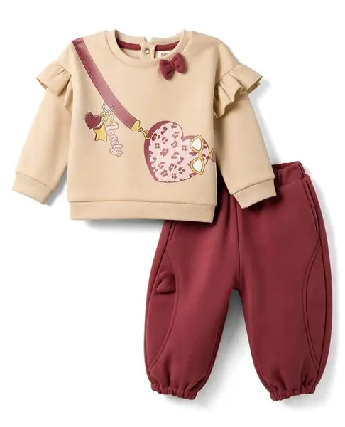 ToffyHouse Cotton Knit Full Sleeves T-Shirt & Pant Winter Wear Suit With Heart & Bag Print - Maroon