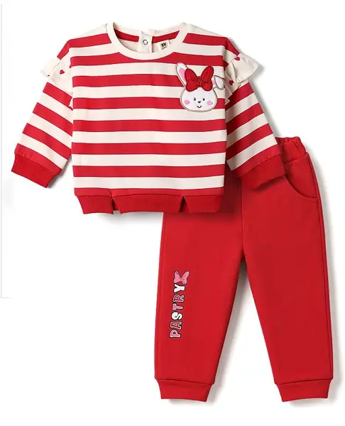 ToffyHouse Cotton Woven Full Sleeves Striped Sweatshirt & Pant Winter Wear Suit With Bunny Detailing - Red