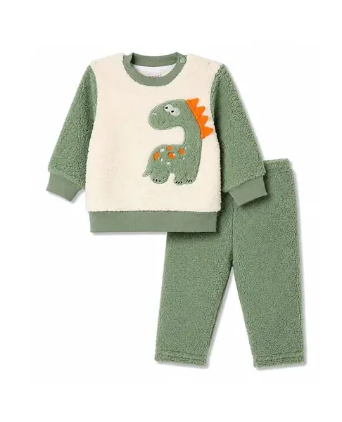 Babyhug Velour Woven Full Sleeves Dino Embroidered Winter Wear Suit - Olive Green