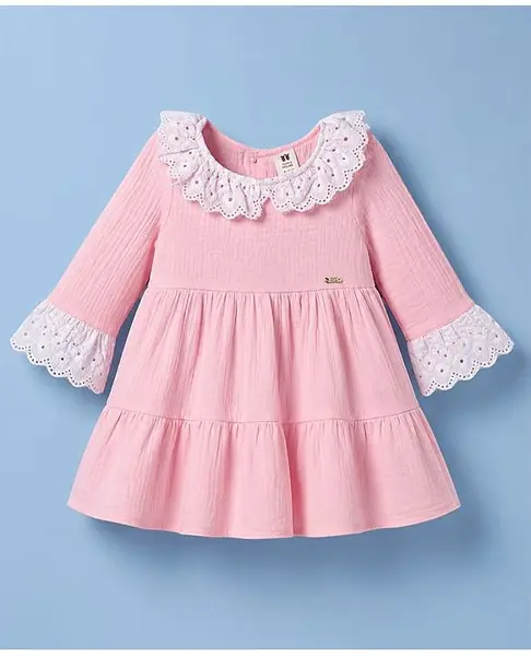 ToffyHouse Cotton Woven Full Sleeves Tiered Frock With Lace Detailing - Pink