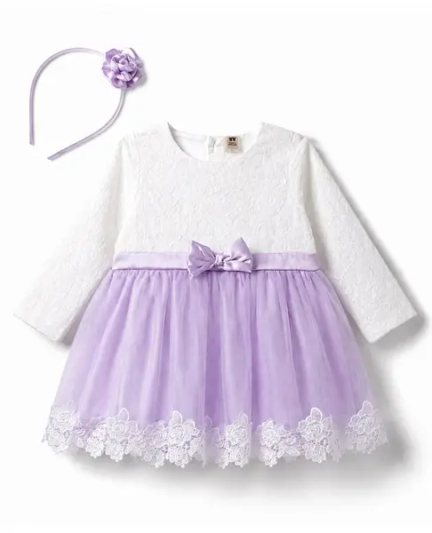 ToffyHouse Knit Full Sleeves Party Frock With Headband With Lace Detailing - White & Lavender