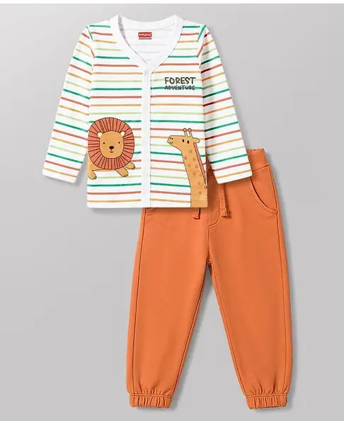 Babyhug Interlock Knit Full Sleeves Striped T-Shirt & Pant Set With Animal Print - Multicolor