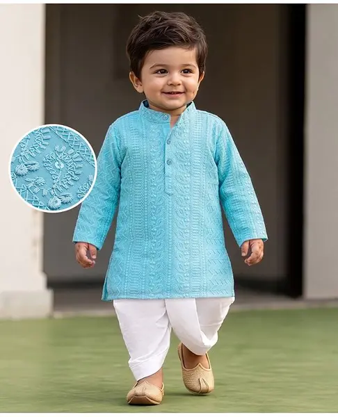 EARTHY TOUCH Woven Full Sleeves Chikankari Embroidered  Kurta Dhoti Set - Light Blue