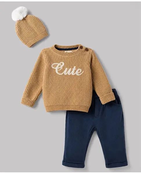 Yellow Apple Knit Full Sleeves Cute Designed Sweater Set with Cap- Tan