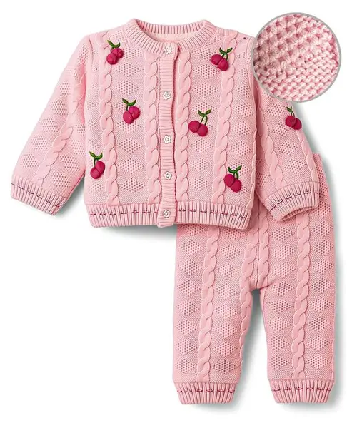 Yellow Apple Knit Full Sleeves Front Open Sweater Set with Cable Knit Design & Berry Embroidered - Pink