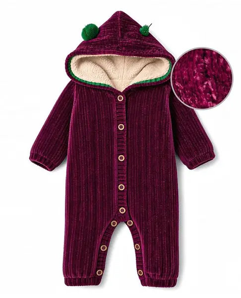 Yellow Apple Knit Full Sleeves  Winter Wear Romper With Ear Applique - Maroon