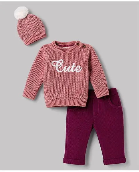 Yellow Apple Knit Full Sleeves Baby Sweater Set with Text Design & Cap - Rose Gold