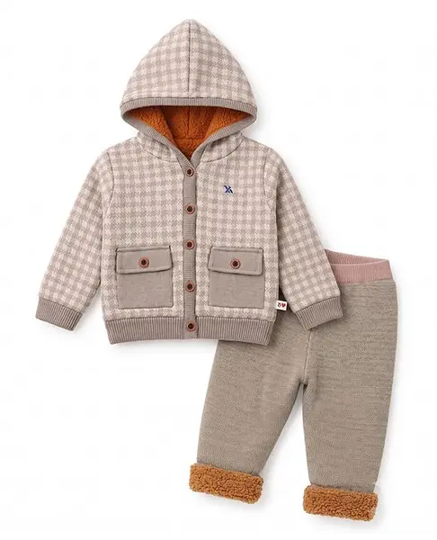 Yellow Apple Fleece lining Knit Full Sleeves Front Open Hooded Sweater Set with Checkered Design -Tan