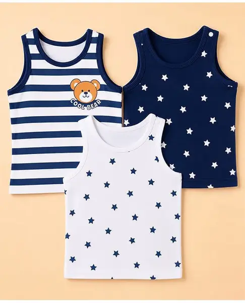 Doodle Poodle 100% Cotton Single Jersey Knit Striped Sleeveless Vest with Bear & Star Print Pack of 3- Navy & White