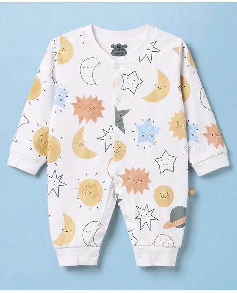 Mini Taurus Interlock Woven Full Sleeves Sleep Suit With Star Print- Off White