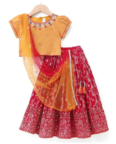 Babyhug Brocade Woven Half Sleeves Embellished Choli & Lehenga Set With Dupatta - Fuchsia