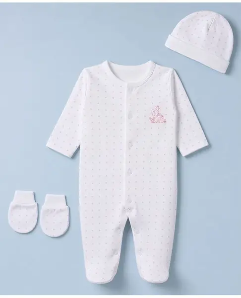 I Bears Interlock Knit Polka Dots  Full Sleeves Giraffe Embroidery Sleep Suit Cap & Mittens - Pink