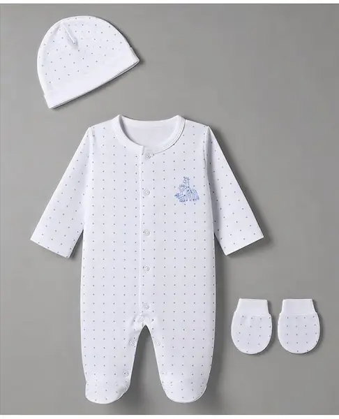 I Bears Interlock Knit Polka Dots  Full Sleeves Giraffe Embroidery Sleep Suit Cap & Mittens - Blue