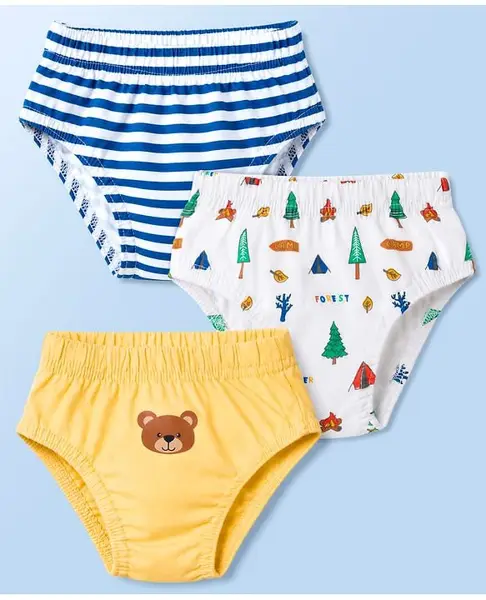 Babyhug Single Jersey Knit Striped & Bear Printed Antibacterial Briefs Pack of 3 -  White Blue & Yellow