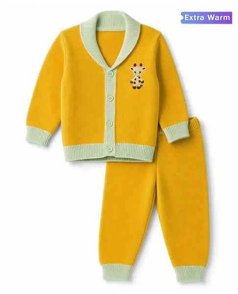 Babyoye 100% Cotton Knit Full Sleeves Giraffee Embroidered Baby Sweater Sets - Mustard