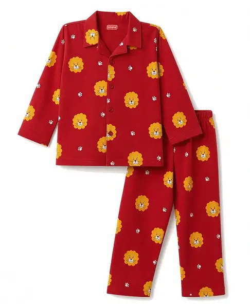 Babyhug Cotton Knit Full Sleeves Co-Ords Shirt & Pyjama Night Suit with Lion & Paw Print - Maroon