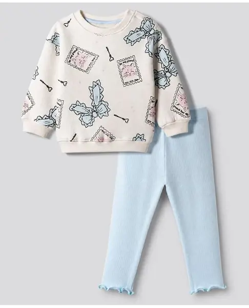 Bonfino Cotton Fleece Knit Full Sleeves Oversized Sweatshirt and Legging Set with Bow & Cat Print - White & Blue
