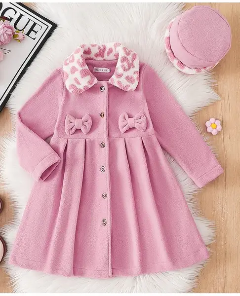 Mark & Mia Full Sleeves Winter Frock and Cap with Bow Applique & Animal Print Collar - Pink