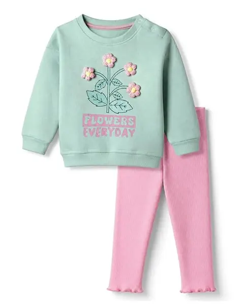 Bonfino Knit Winter Wear Suit with Full Sleeves and Floral Applique in Aqua Blue
