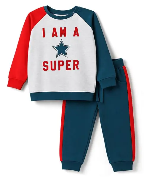 Doodle Poodle 100% Cotton Looper Terry Knit Full Sleeves Winter Wear Suit With Text Print - Teal Blue