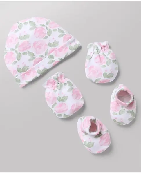 Babyhug 100% Cotton Interlock Knit Floral Printed Cap Mittens & Booties Set White - Diameter 12.5 cm