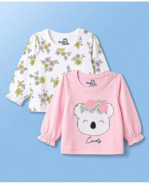 Doodle Poodle 100% Cotton Knit Full Sleeves Floral & Koala Printed Tops Pack Of 2 - White & Pink