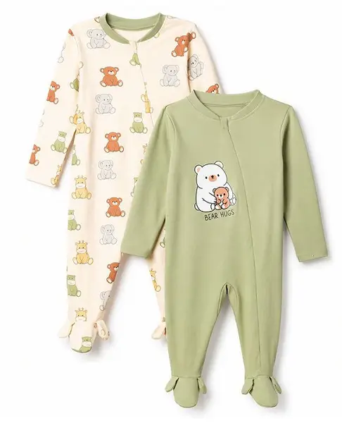 Babyoye 100% Cotton Interlock Knit with Ecojiva Finish & Animal Printed Full Sleeves Sleep Suits  Pack of 2 - Off White & Olive Green