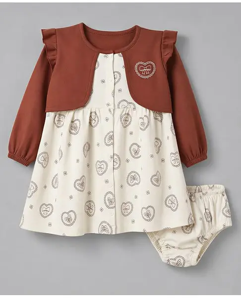 Babyoye Interlock Knit Full Sleeves Heart Printed Frock with Bloomer - Beige