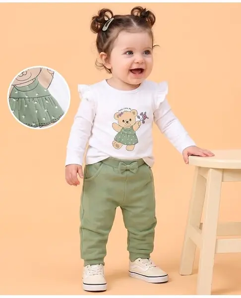 Babyoye 100% Cotton Interlock Knit With Eco Jiva Finish Full Sleeve  T-Shirts & Bottoms With Teddy Bear Print - White & Green
