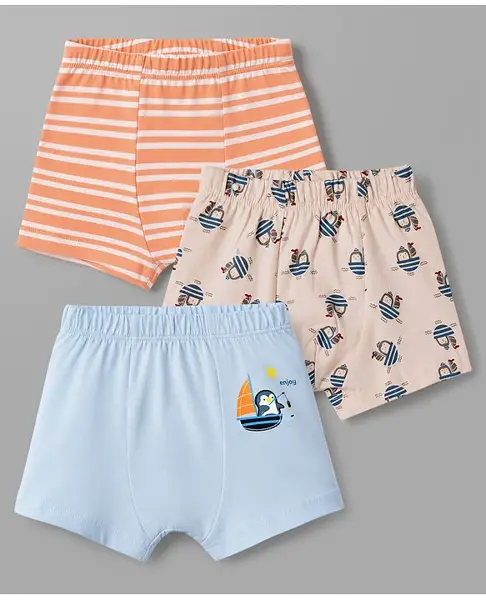 Babyhug 100% Cotton Knit Striped Briefs With Boat Print Pack of 3 - Peach  Orange & Light Blue