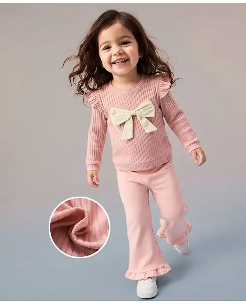 Mark & Mia Full Sleeves Top & Pant Set with Frill Design & Bow Applique - Pink