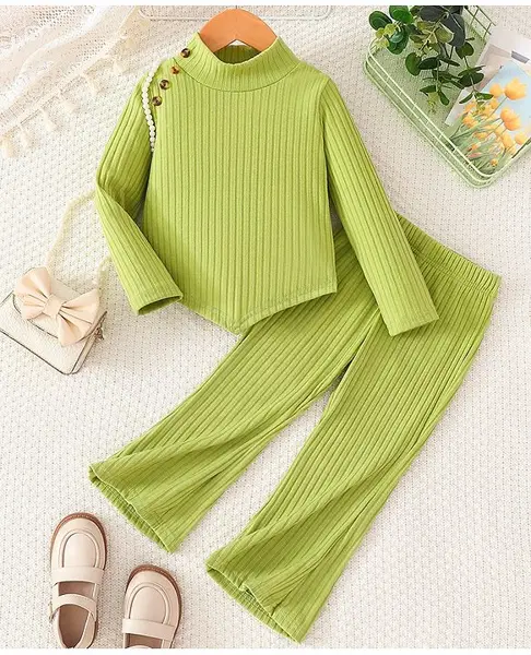 Mark & Mia Full Sleeves Winter Wear Solid Colour Ribbed Top & Pant Set - Olive Green