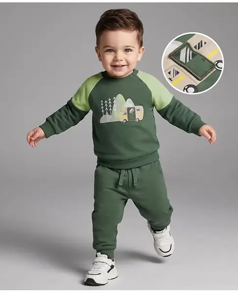 Babyoye 100% Cotton Terry Knit Heavy Gauge Three Thread Terry  Full Raglan Sleeves Printed Sweatshirt & Joggers Set - Green