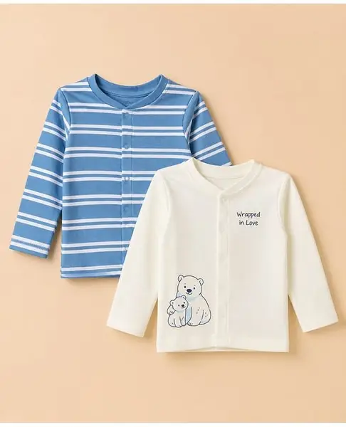 Babyoye 100% Cotton Interlock Knit Full Sleeves Ecojiva Finish Jhablas With Stripes and Bear Print Pack of 2 - Blue And White