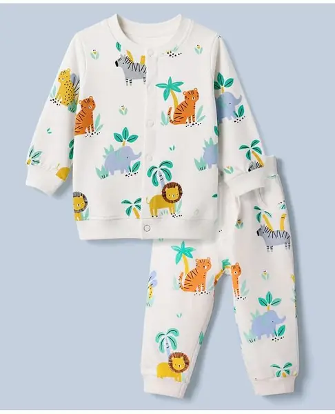 Doodle Poodle Light Weight 100% Cotton Terry Knit Full Sleeves T-Shirt & Joggers Co-Ords Set With Animal Print - White