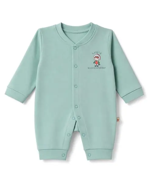 Mini Taurus Knitted Full Sleeves Sleep Suit With Text Print - Light Green