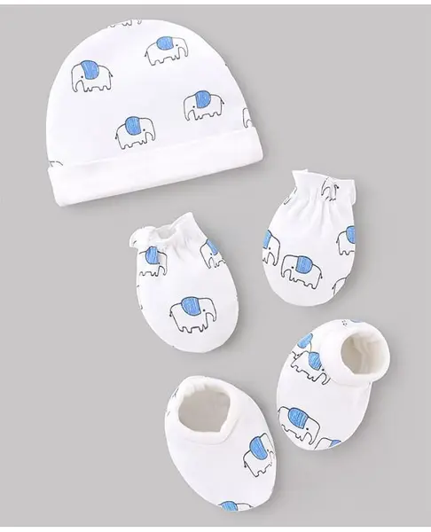 BABYHUG 100% COTTON Interlock Knit Cap   Mittens & Booties with Elephant Print White - Diameter 18 cm