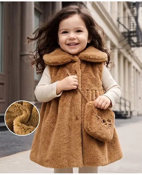 Mark & Mia Sleeveless Solid Winter Frock With Sling Bag - Brown