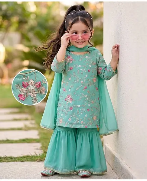 Babyhug Georgett Woven Full Sleeves Floral Embroidered Kurti Gharara Set With Dupatta - Sea Green