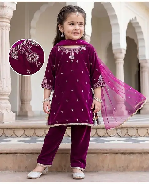 Babyhug Chanderi Woven Three Fourth Sleeves Floral Embroidered Kurti Salwar Set with Dupatta - Wine