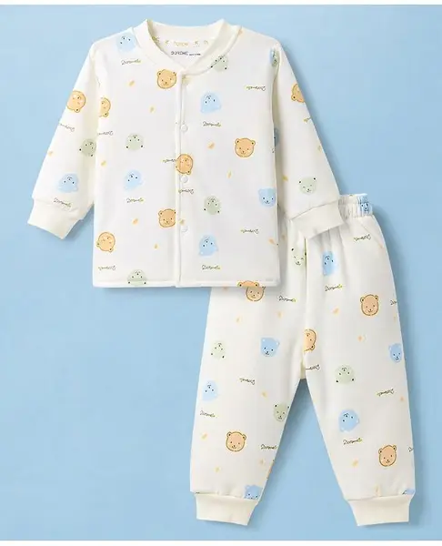 Doreme Fleece Knit Winter Wear Co-ord Set With Bear  Theme - Off White