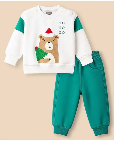 Little Kangaroos Fleece Knit Full Sleeves Winter Wear Set With Animal Print - Green