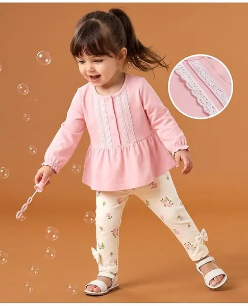 Babyoye 100% Cotton Knit With Eco Jiva Finish Full Sleeves Top &  Pant Set With Floral Print & Lace Detailing - Pink & White