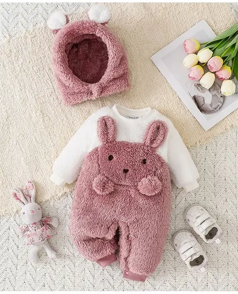 Mark & Mia Full Sleeves Romper With Bear Applique & Cap - Dark Pink