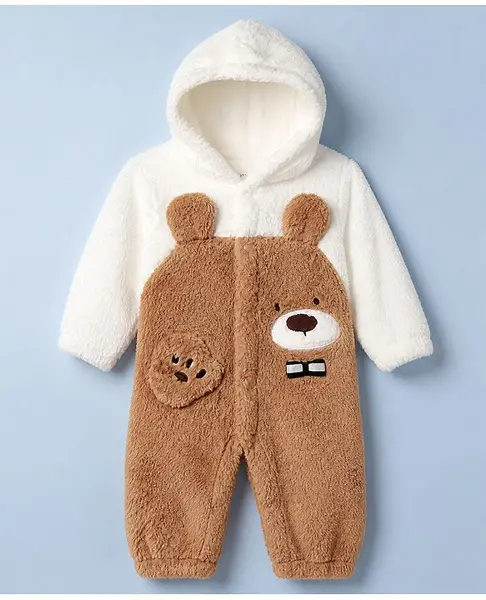 Mark & Mia Full Sleeves Hooded Romper With Teddy Bear Patch - Brown